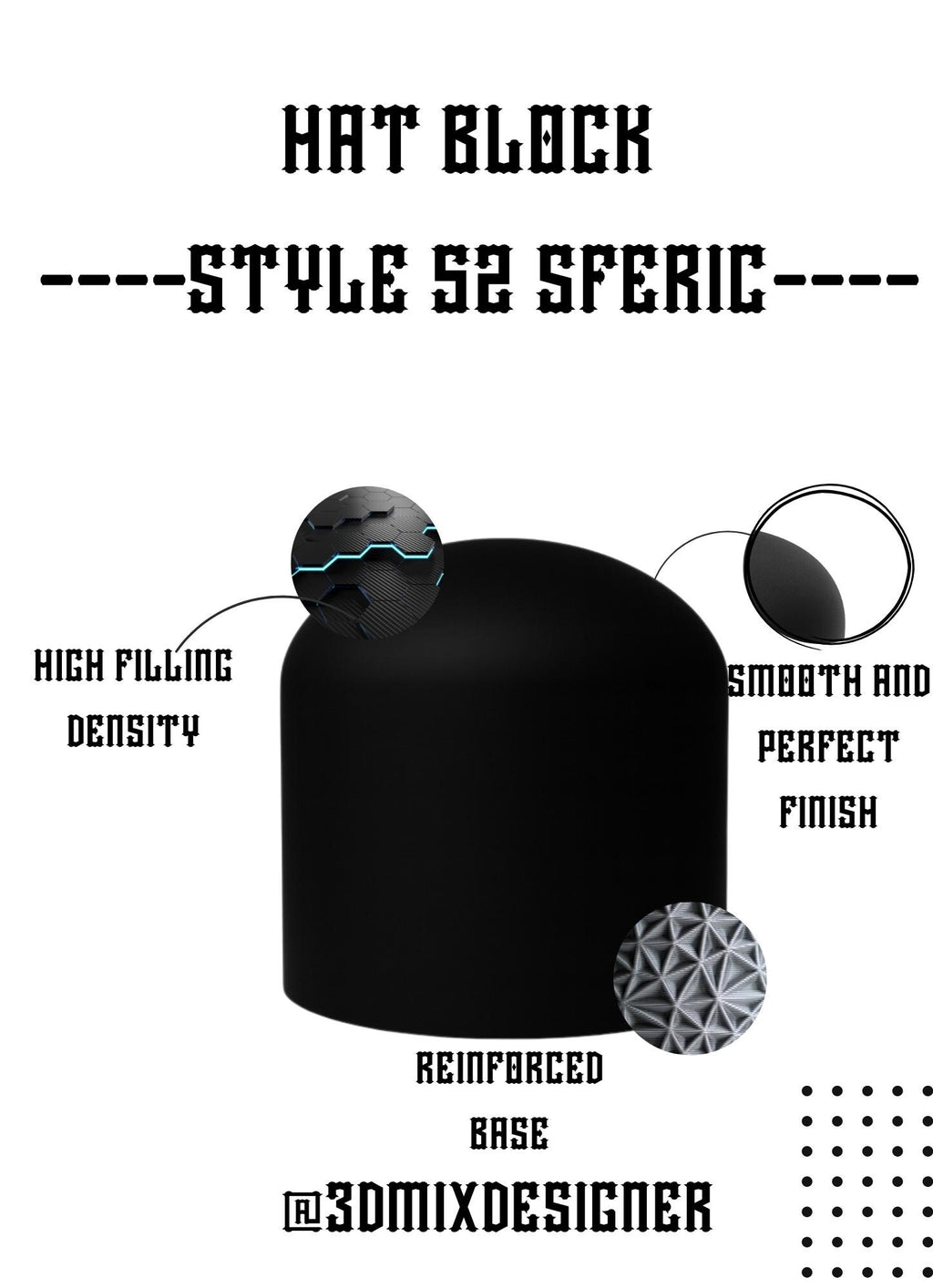 3D Printed Millinery Hat Block sferic style 52 – Handmade Resin Mold (Height 12 cm-23 cm) for Fedoras, Cloche & Wide-Brim Hats