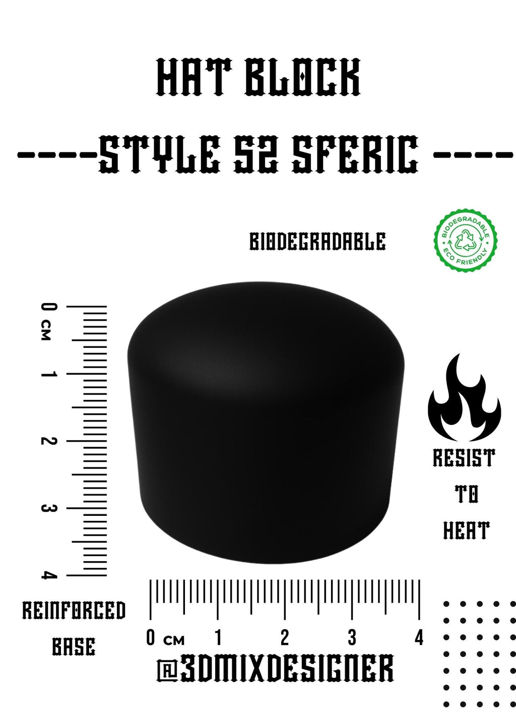 3D Printed Millinery Hat Block sferic style 52 – Handmade Resin Mold (Height 12 cm-23 cm) for Fedoras, Cloche & Wide-Brim Hats