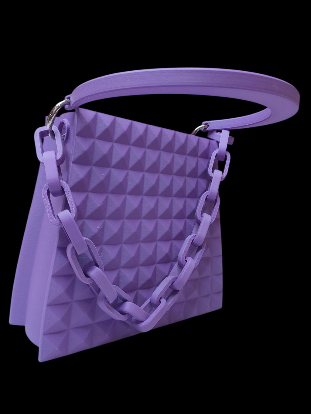 Borsa Design Viola Stampata in 3D – Handbag Geometrica con Catena e Manico Rigido – Moda Artigianale Made in Italy