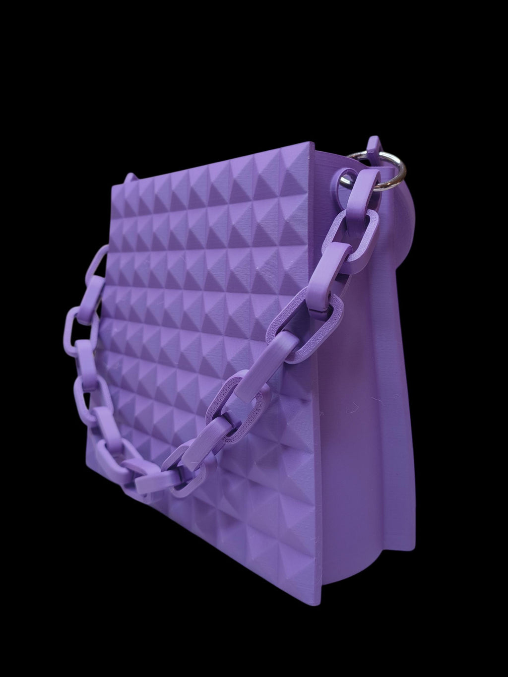 Borsa Design Viola Stampata in 3D – Handbag Geometrica con Catena e Manico Rigido – Moda Artigianale Made in Italy