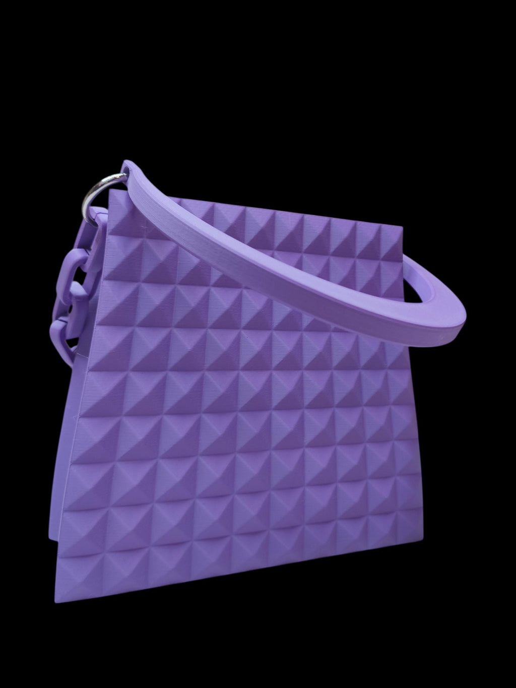 Borsa Design Viola Stampata in 3D – Handbag Geometrica con Catena e Manico Rigido – Moda Artigianale Made in Italy