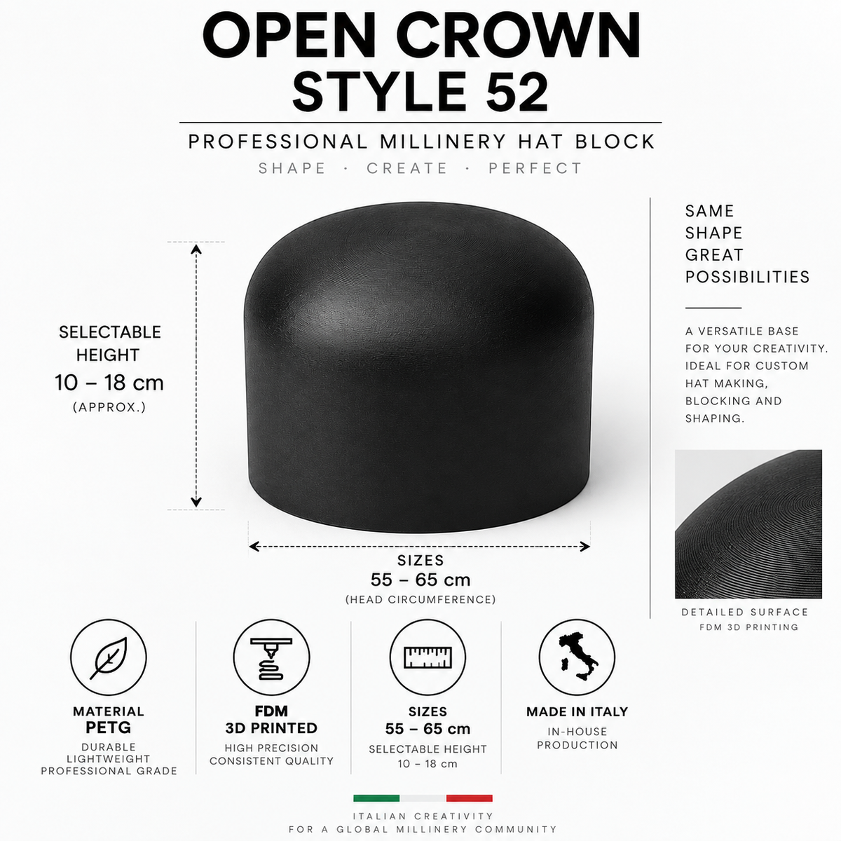 Open Crown Style 52 Hat Block – Professional Millinery Block in PETG