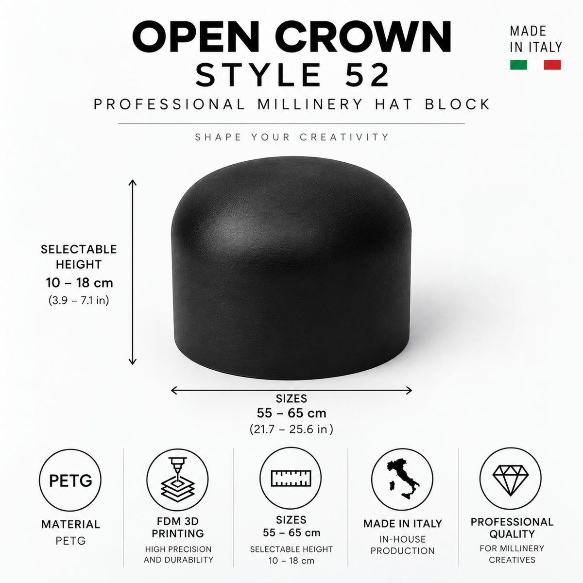 Open Crown Style 52 Hat Block – Professional Millinery Block in PETG