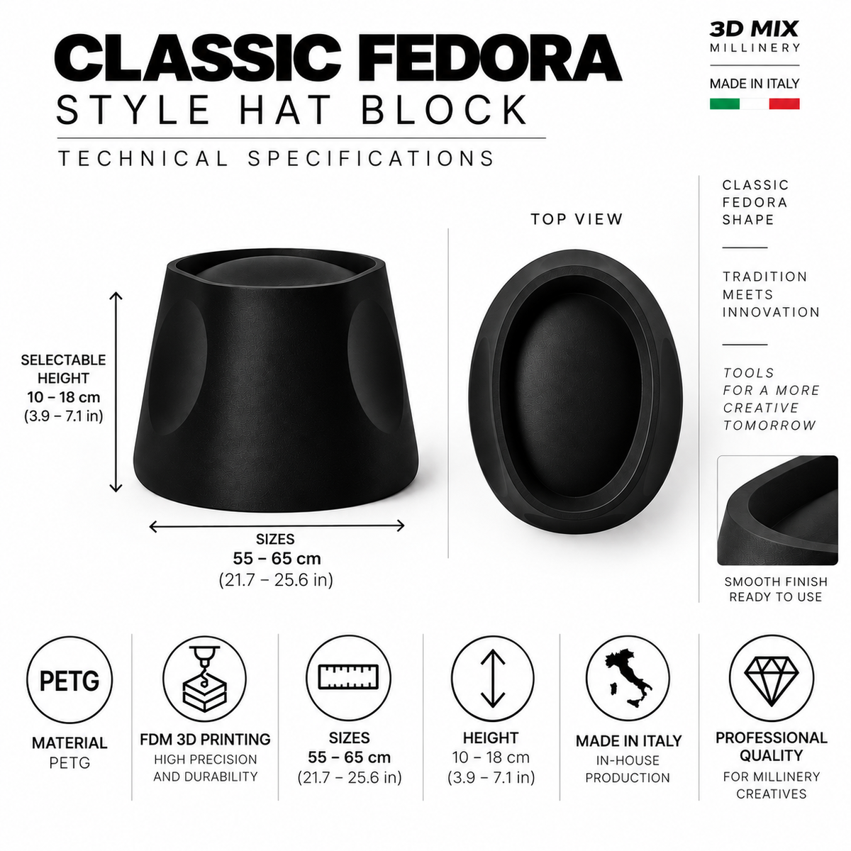Classic Fedora Style Hat Block – Professional Millinery Block in PETG