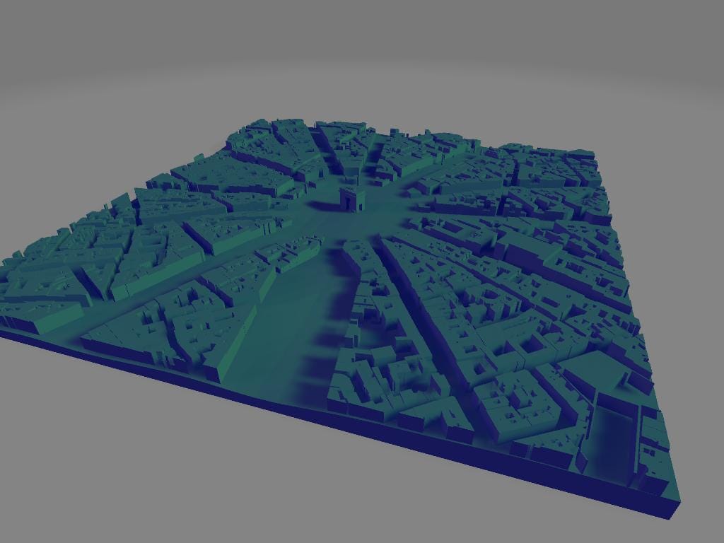 Modello 3D del Quartiere Champs-Élysées e Arc de Triomphe per stampa artistica | File digitale ad alta definizione per decorazioni murali