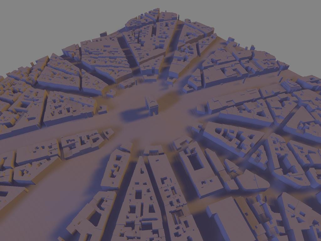 Modello 3D del Quartiere Champs-Élysées e Arc de Triomphe per stampa artistica | File digitale ad alta definizione per decorazioni murali